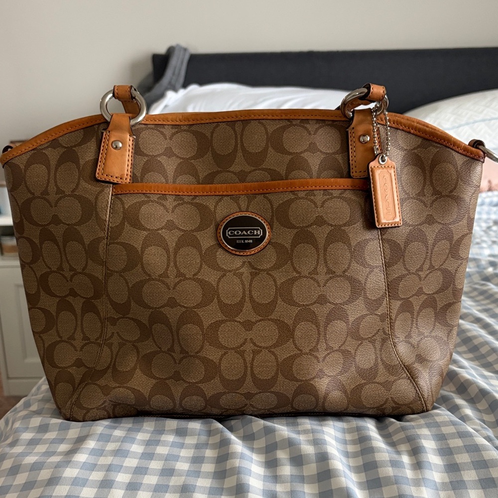 Coach Brown and Tan Signature Shoulder Bag